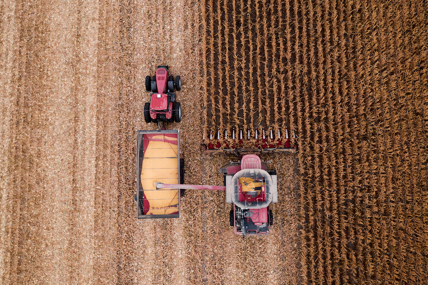 Drone shot of harvesting corn