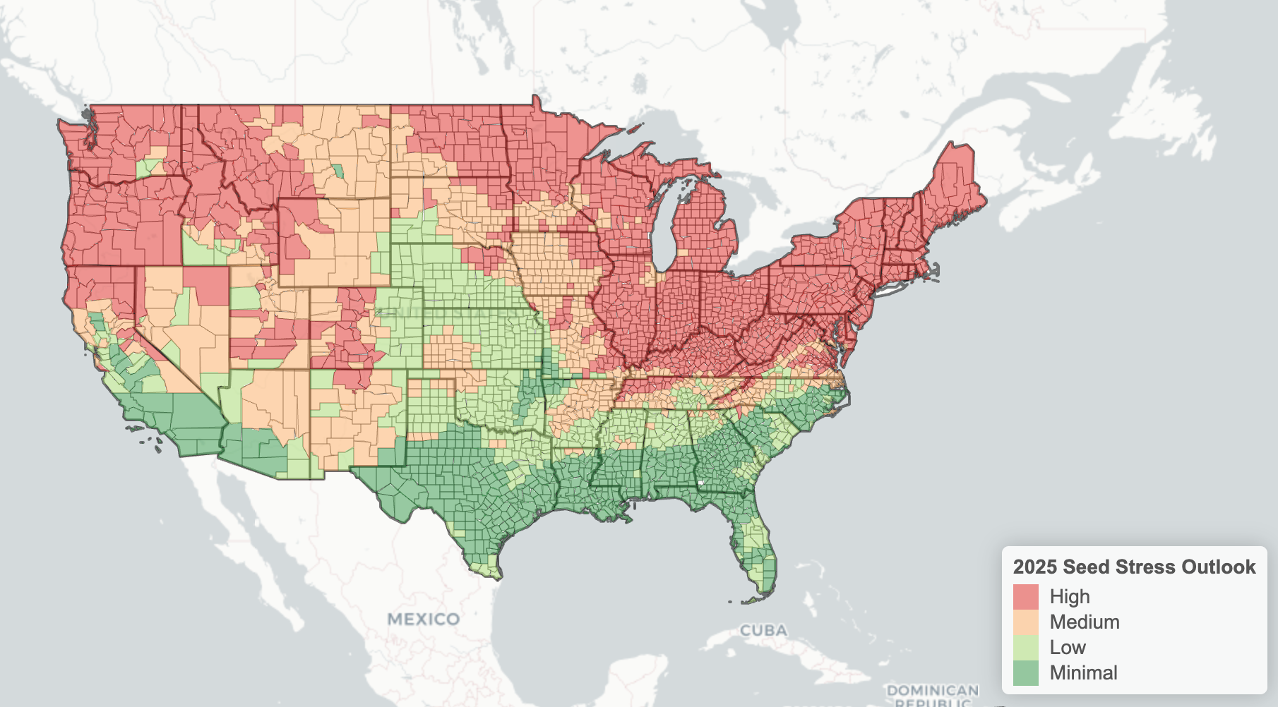 WinField® United 2025 seed stress outlook map from week of April 13, 2025.